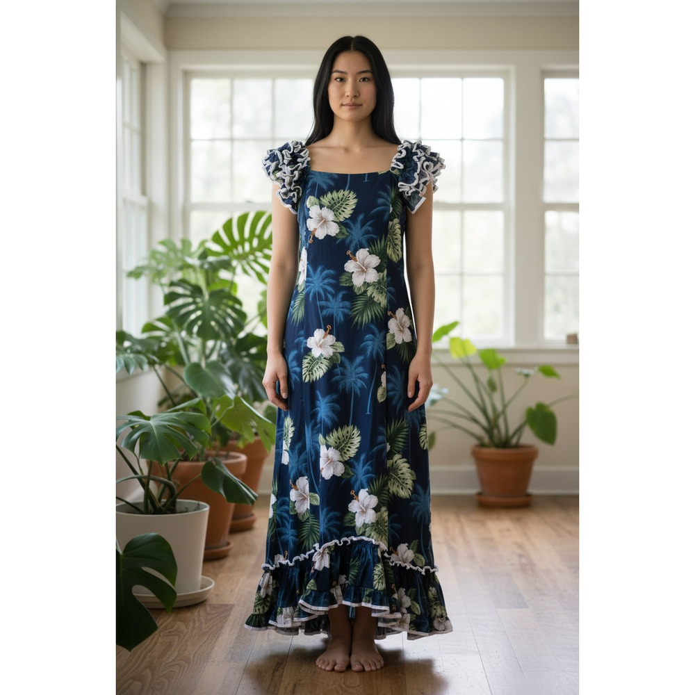 Pacific Legend Navy Blue Hibiscus Print Long Hawaiian MuuMuu Dress Size Small